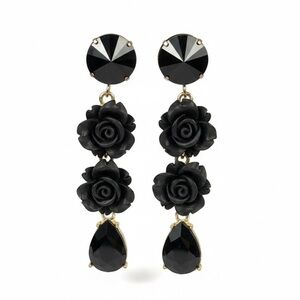 Gothic Vintage-Style Black Rose & Rhinestone Tiered Drop Earrings - Gold Tone